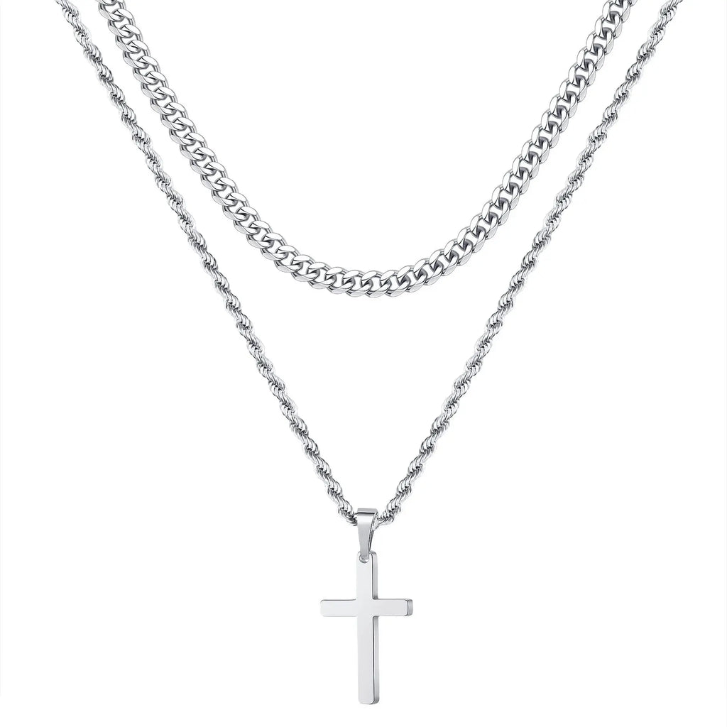Dual Chain Cross Necklace - Or Blanc