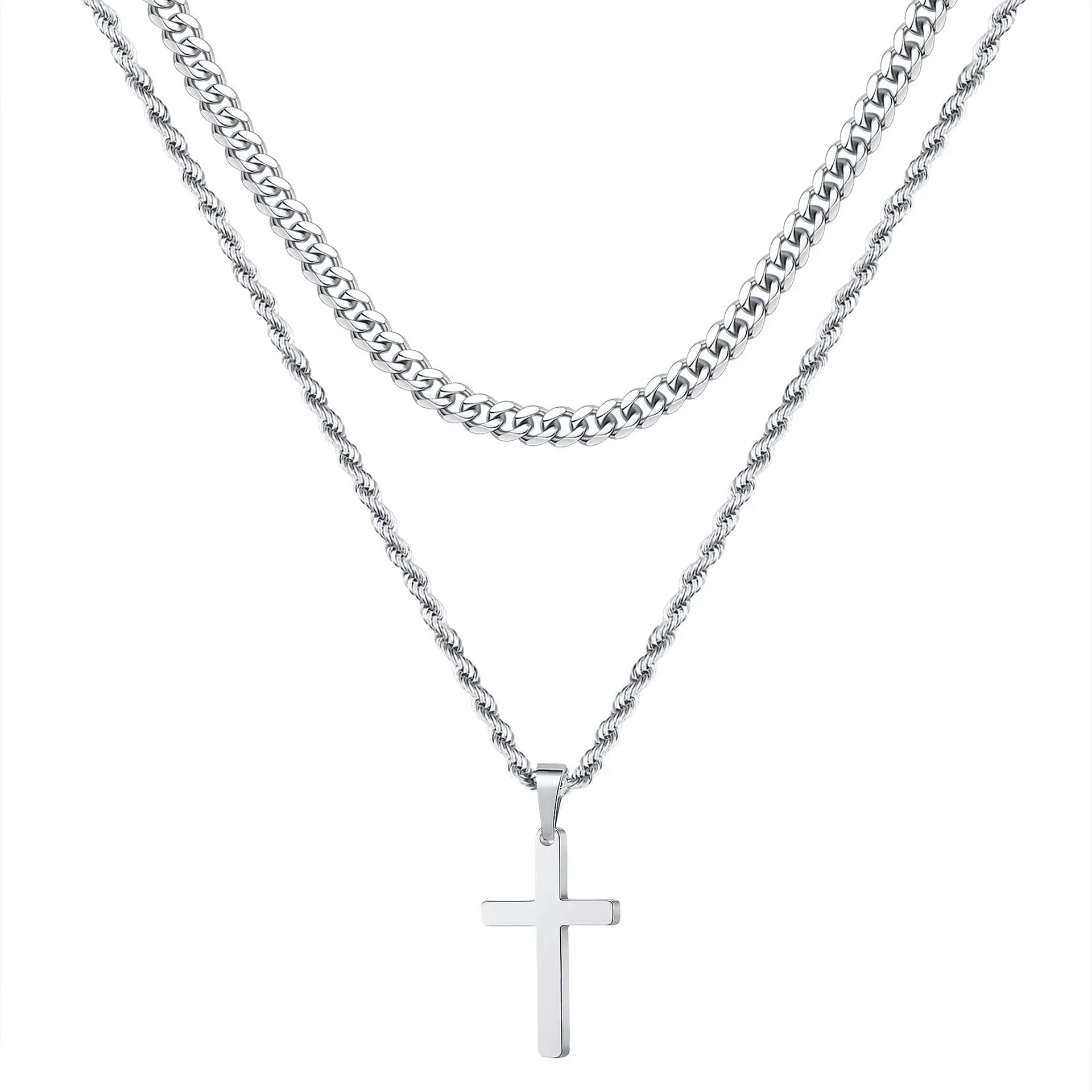 Dual Chain Cross Necklace - Or Blanc